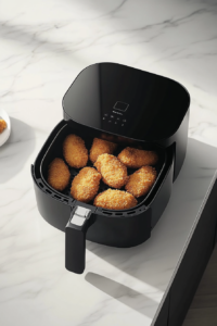 vegan-chicken-tenders-air-frying-in-black-air-fryer