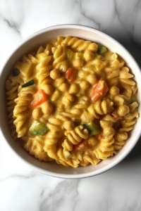 vegan-pot-pie-spiral-pasta-served-in-white-bowl