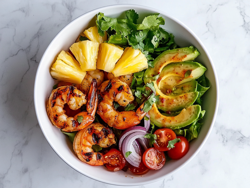 This image shows a vibrant shrimp and pineapple avocado salad arranged in a white ceramic bowl placed on a clean white marble countertop, topped with grilled shrimp, pineapple slices, creamy avocado, halved cherry tomatoes, red onion slices, and romaine lettuce.