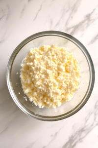 This image shows a glass bowl with egg whites whipped to stiff peaks, sitting on a clean white marble cooktop.