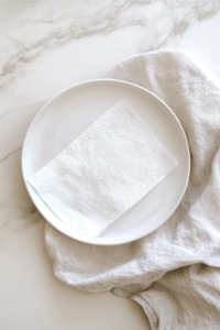 This image shows a white ceramic plate lined with paper towels on a white marble countertop, prepared for draining fried cheese bites.