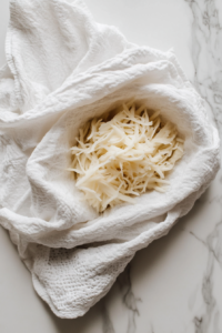 This image shows a white cotton kitchen towel on a white marble countertop holding shredded raw potatoes, tightly wrung to remove excess moisture, with no other items present.