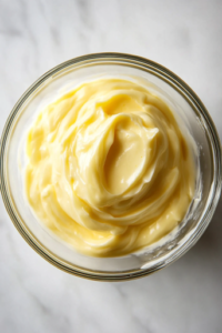 This image shows a top-down view of the same clear glass mixing bowl on a clean white marble countertop, now containing the creamy butter mixture, with sifted self-raising flour, plain flour, and yellow custard powder sitting on top, ready to be stirred.