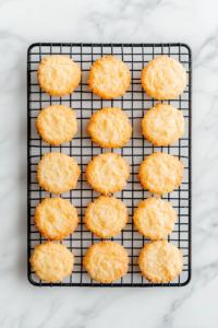 This image shows a top-down view of pale golden yo yo biscuits arranged neatly on a black wire cooling rack, placed over a clean white marble countertop.