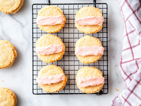 This image shows a stack of golden yo yo biscuits sandwiched with pink filling, beautifully arranged on a plain white ceramic plate, placed on a clean white marble countertop, with no other objects or ingredients in the background.