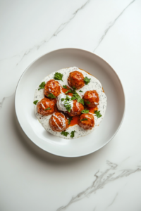 yogurt-sauce-drizzled-tuna-meatballs-on-white-ceramic-plate