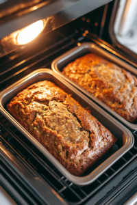 This image shows two loaf pans filled with zucchini banana bread batter in the oven, with a slightly golden top visible through the cracked oven door.