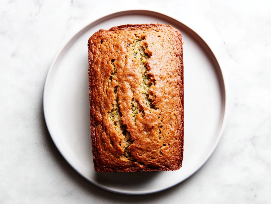 This image shows a close-up shot of a freshly baked zucchini banana bread loaf, slightly sliced to reveal the moist interior with banana and zucchini chunks, placed on a white marble countertop.