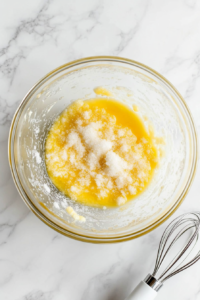 This image shows a clear glass bowl on a white marble countertop containing flour, baking powder, and salt ready to be mixed.