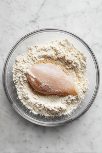 chicken-coated-in-flour-mixture-on-glass-bowl