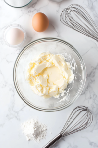 creaming-butter-and-sugar-in-clear-glass-bowl-on-white-marble