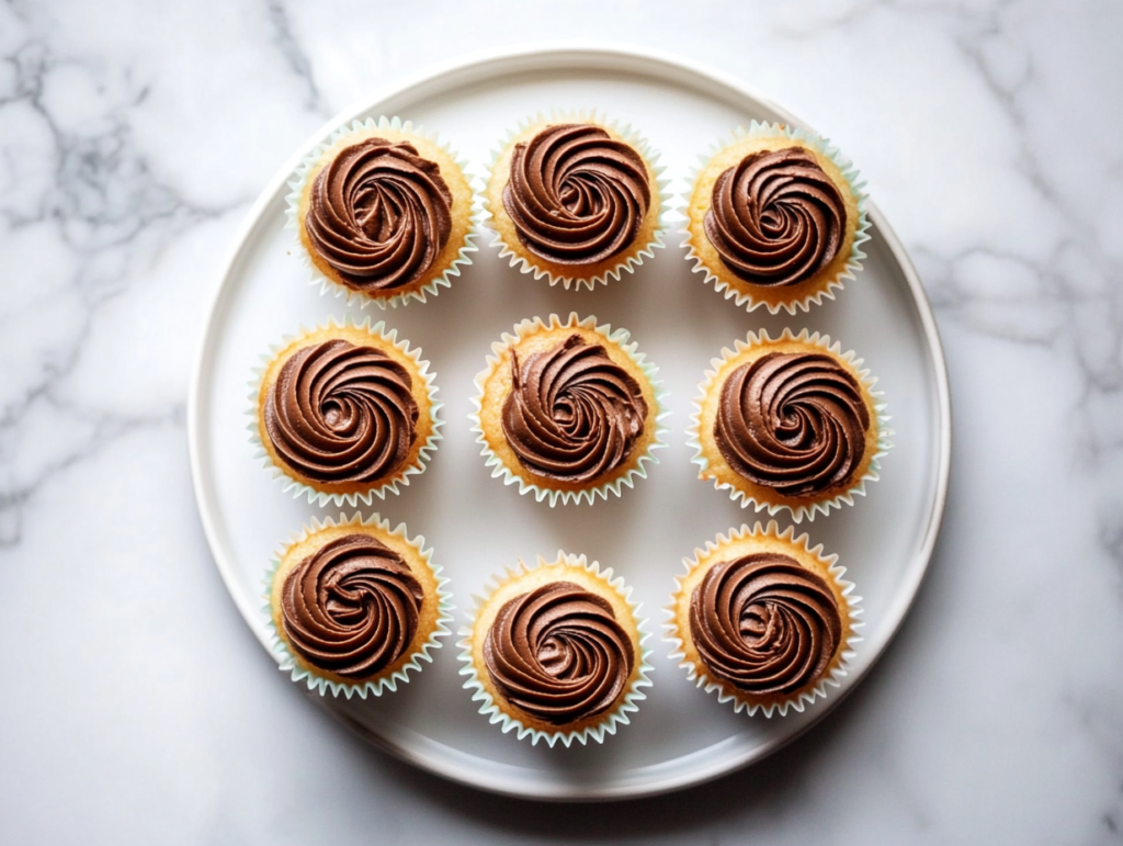 This image shows golden mini vanilla cupcakes with chocolate frosting swirls, neatly arranged on a white plate over a spotless white marble countertop.