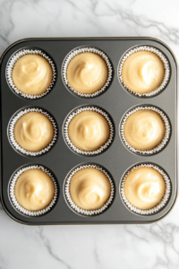 This image shows flour mixture and buttermilk being added alternately to a wet cupcake batter in a glass bowl on a white marble countertop.