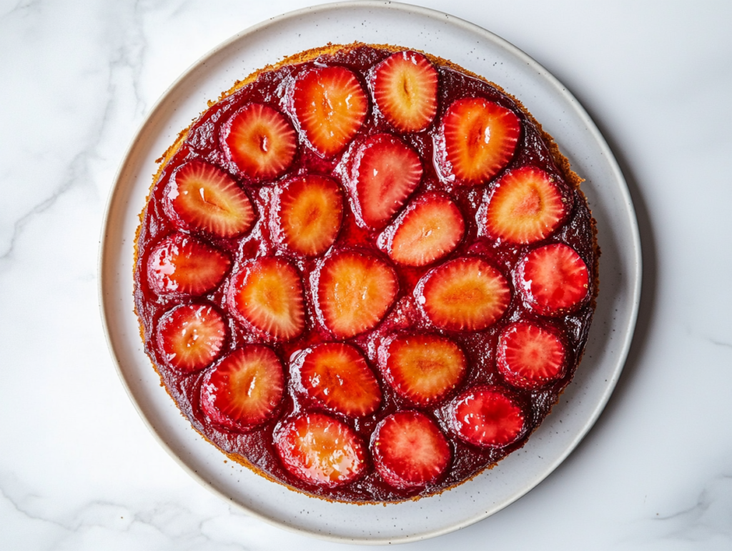 strawberry-rhubarb-upside-down-cake-final-cooling-on-marble