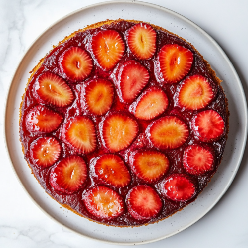 strawberry-rhubarb-upside-down-cake-final-cooling-on-marble