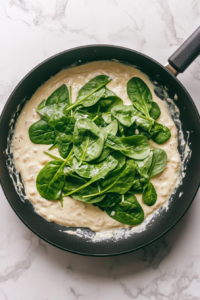 adding-fresh-spinach-to-creamy-sauce-in-black-skillet-on-marble