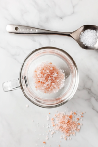 This image shows a clear glass filled with warm water as Himalayan pink salt begins to dissolve inside. A 1/4 teaspoon measuring spoon sits nearby on a white marble surface.