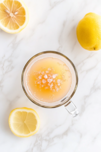 This image shows a clear glass of warm pink salt water being enhanced with lemon juice, with a halved lemon and 1/2 teaspoon stainless steel spoon placed beside it on a white marble countertop.