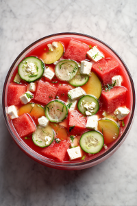 adding-peaches-feta-cucumber-to-chilled-salad