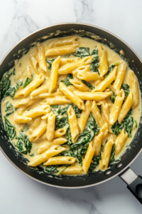 adding-penne-pasta-and-starchy-water-to-spinach-cream-sauce-in-skillet