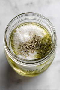 adding-pickle-brine-water-sugar-pepper-in-clear-glass-jar-on-white-marble