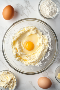 adding-sour-cream-egg-vanilla-to-butter-mixture-on-white-marble