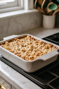 baking-rhubarb-cake-in-oven-light-grey-dish-on-marble-top