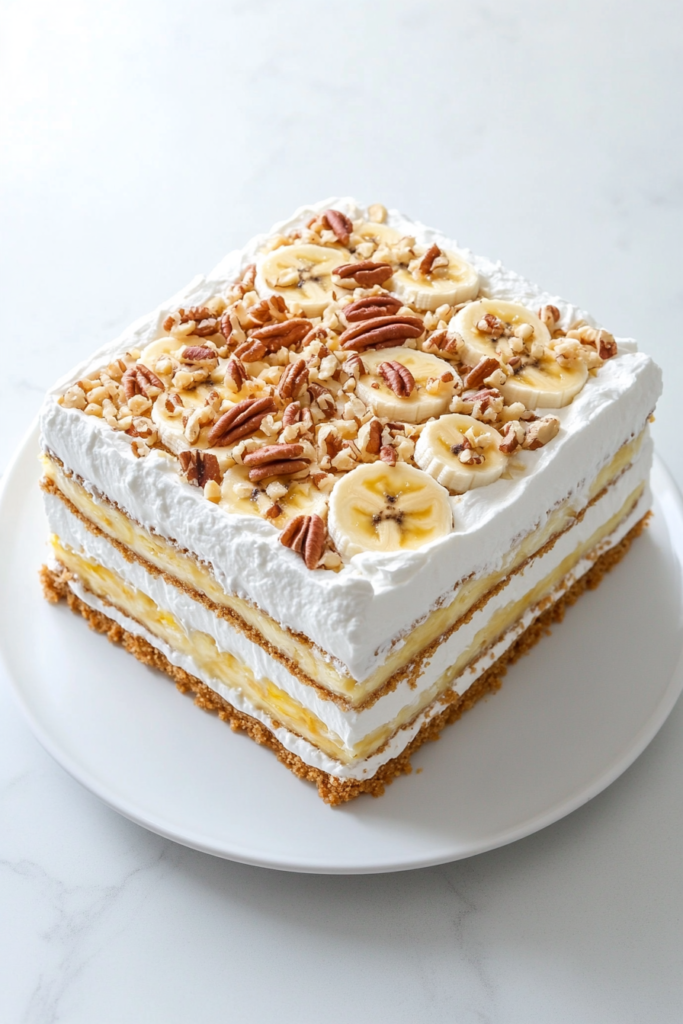 banana-split-cake-slice-served-on-white-round-ceramic-plate