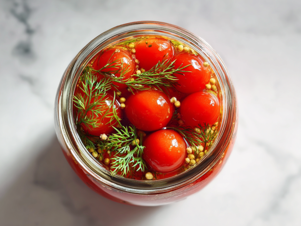 beautiful-topdown-shot-of-homemade-pickled-cherry-tomatoes-in-glass-jar-on-marble