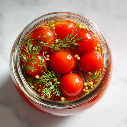 beautiful-topdown-shot-of-homemade-pickled-cherry-tomatoes-in-glass-jar-on-marble