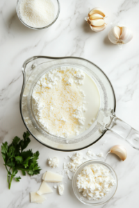 blender-glass-filled-with-cottage-cheese-milk-garlic-parmesan-on-marble