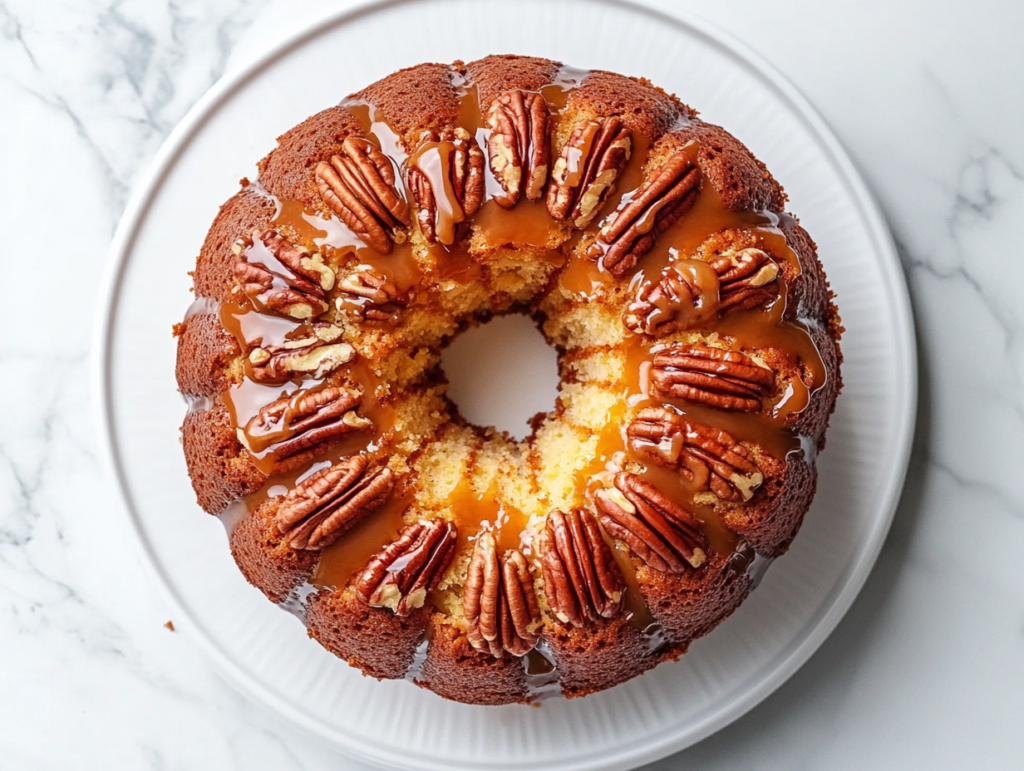 butter-pecan-pound-cake-on-white-marble-with-glaze-and-pecans