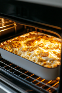 This image shows the casserole baking in the oven, with golden topping beginning to form and cheese bubbling beneath.