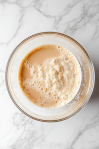 This image shows a clear glass bowl with wet ingredients including eggs, oil, buttermilk, vanilla, and hot coffee, sitting on a white marble countertop.