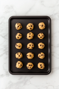 This image shows mini chocolate chip cookie dough balls placed on a black baking tray over a white marble cooktop.