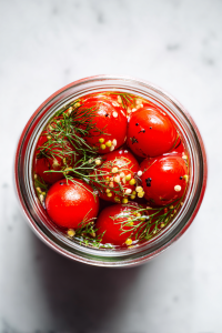 cooling-sealed-jar-of-pickled-cherry-tomatoes-on-clean-white-marble-countertop