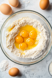 This image shows three cracked eggs and a pinch of salt added to a butter, sugar, and flour mixture in a glass bowl on white marble.