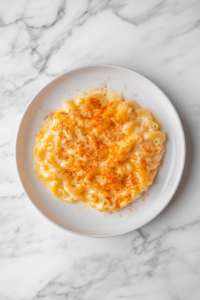creamy-crockpot-mac-and-cheese-served-on-white-ceramic-plate-on-white-marble