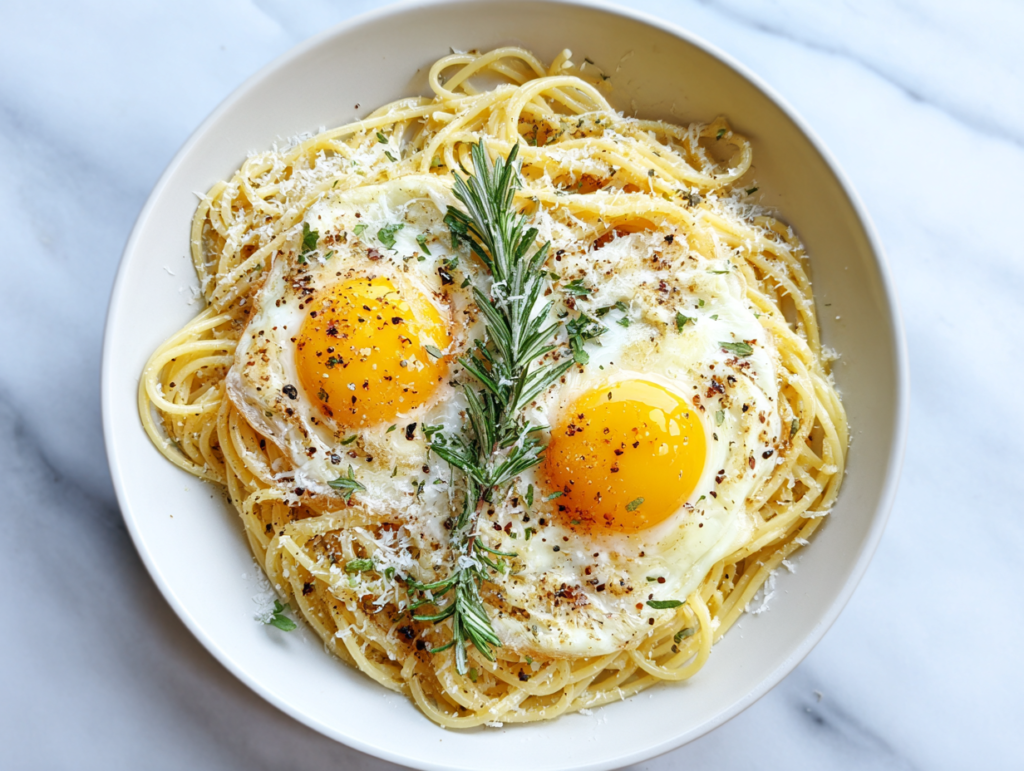 creamy-pasta-topped-with-sunny-side-up-eggs-on-white-marble-countertop