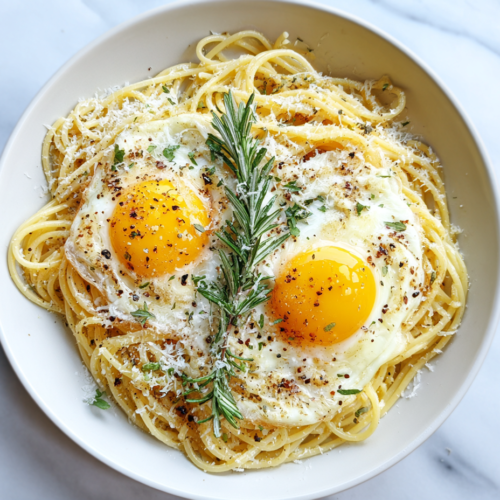 creamy-pasta-topped-with-sunny-side-up-eggs-on-white-marble-countertop