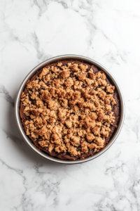 crumble-sprinkled-on-batter-in-pan-ready-to-bake-on-white-marble