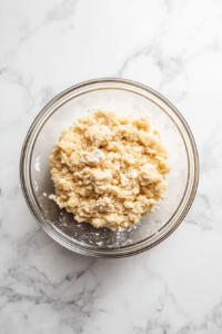 crumbly-mixture-in-glass-bowl-after-flour-folded-in-on-white-marble