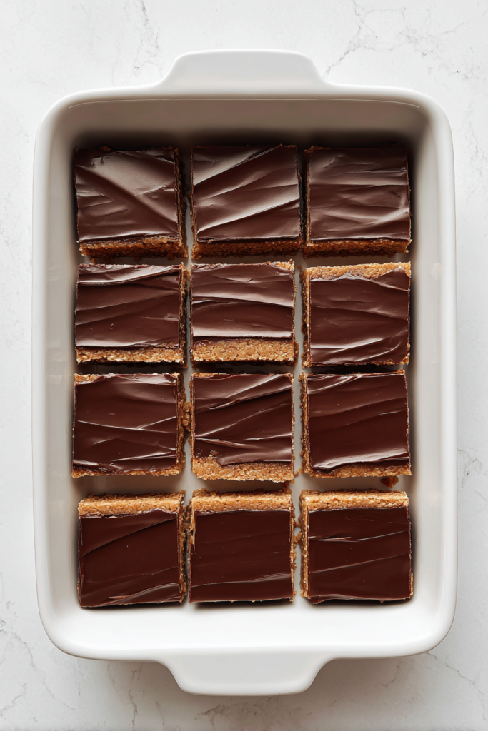 cut-peanut-butter-bars-in-white-dish-over-white-marble-surface