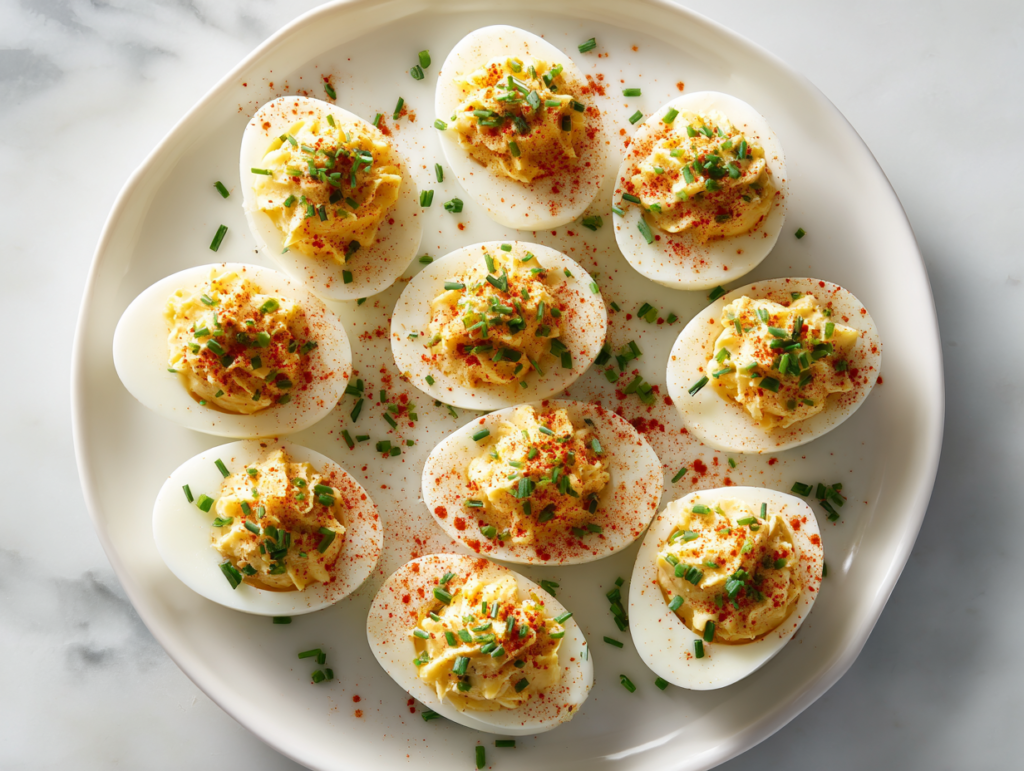 deviled-eggs-garnished-on-white-marble