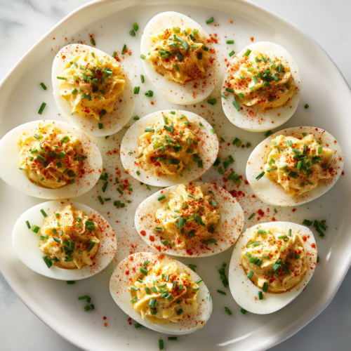 deviled-eggs-garnished-on-white-marble