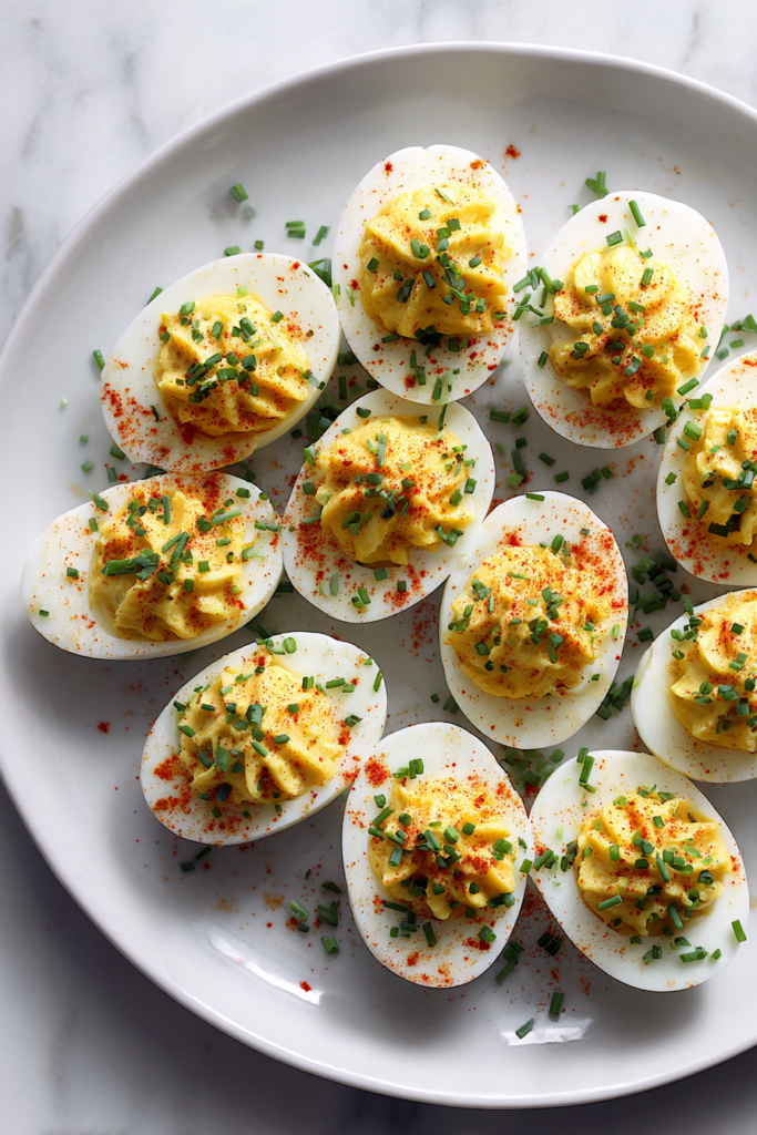 deviled-eggs-garnished-on-white-platter-on-marble