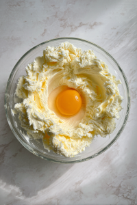 egg-added-to-cream-mixture-in-glass-bowl-on-marble