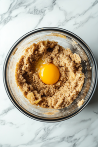 egg-and-vanilla-This image shows a raw egg and vanilla extract added to a butter-sugar mixture in a stand mixer bowl on a white marble cooktop.-to-mixer-bowl-for-cookie-dough