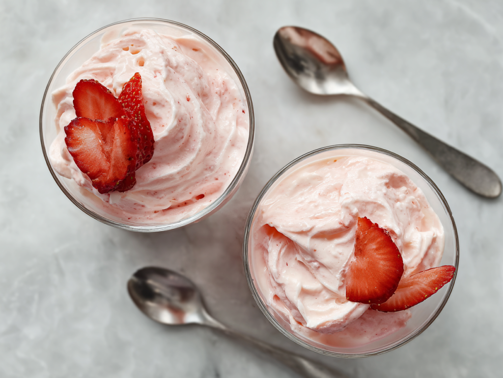 elegant-strawberry-fool-dessert-glasses-on-white-marble