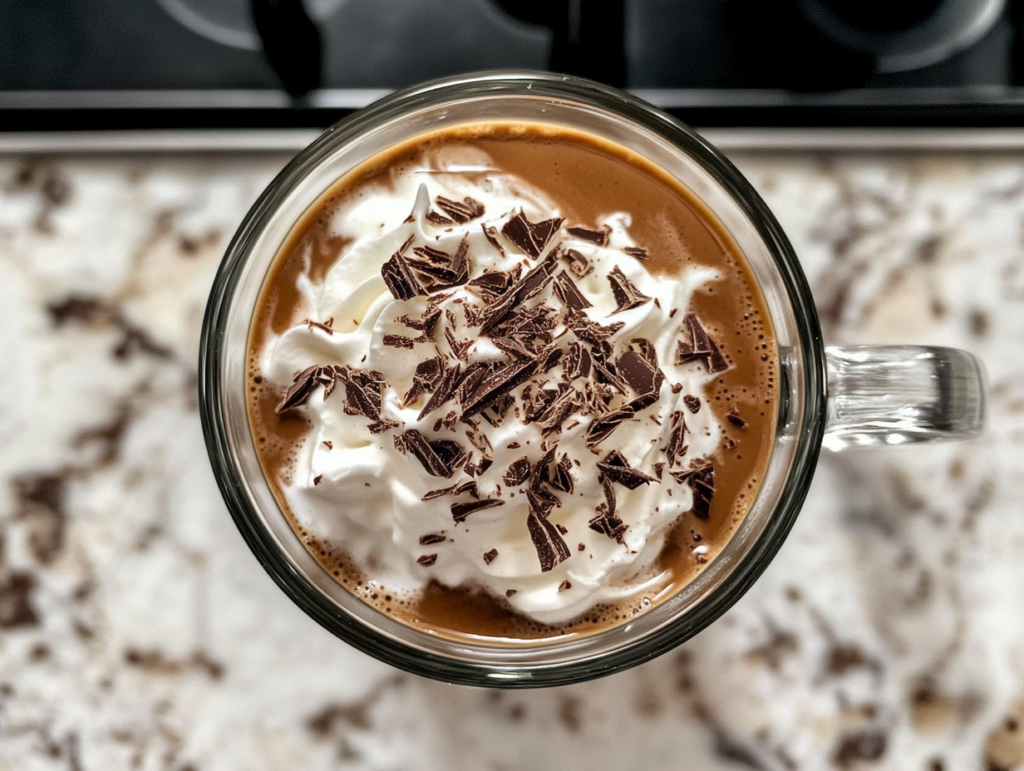 This image shows two glass mugs of Irish Mocha Latte topped with whipped cream and chocolate shavings, resting on a clean white marble countertop.